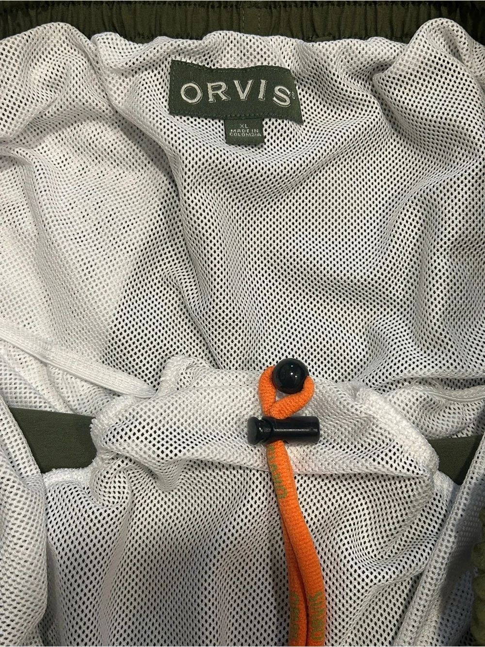 Orvis Men’s XL Olive Green Mesh Lined Swim Trunks Quick Dry Embroidered Logo